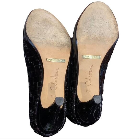 Cole Haan Felisha Black pumps heels woven leather open toe shoes size 7.5 - Picture 7 of 9